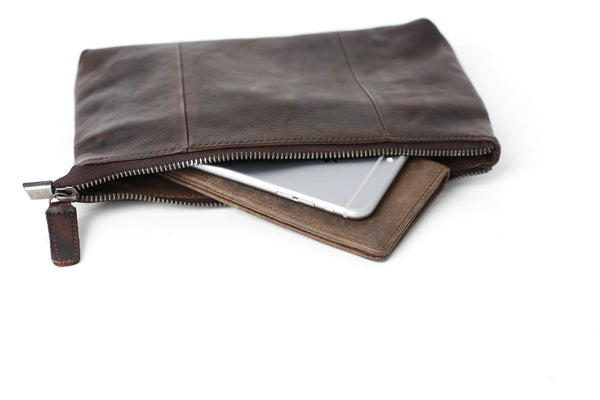 Handmade Men's Full Grain Leather Clutch Handbag, Vintage Wallet, Phone Sleeve
